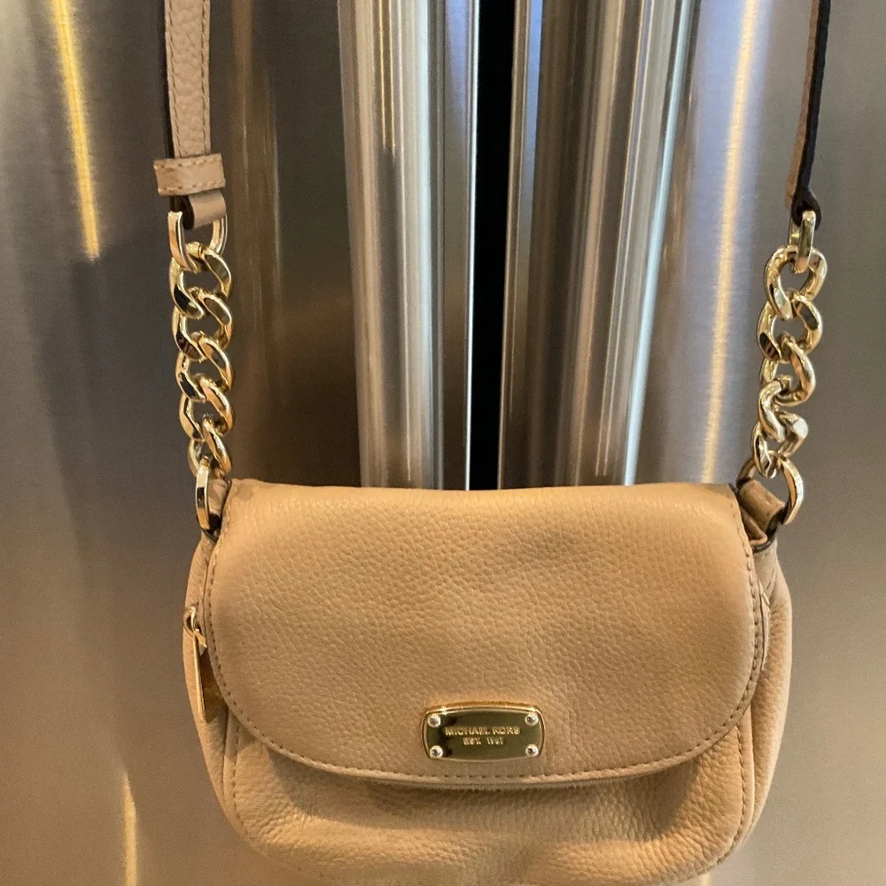 Michael Kors Taupe Pebbled Leather Crossbody with Gold Chain